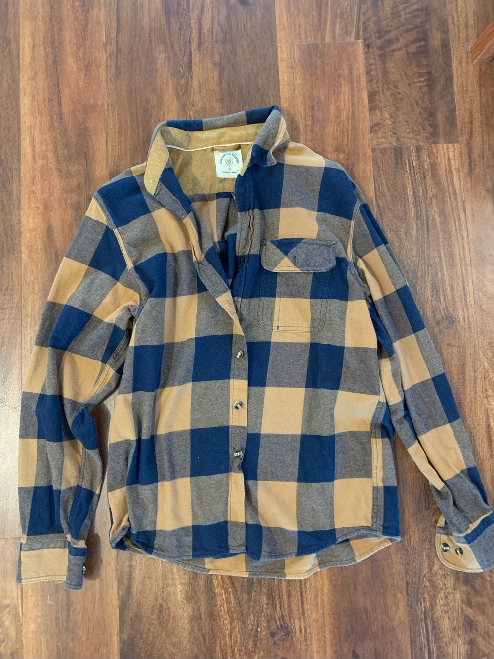Men’s Navy and Tan Plaid Button-Up Shirt